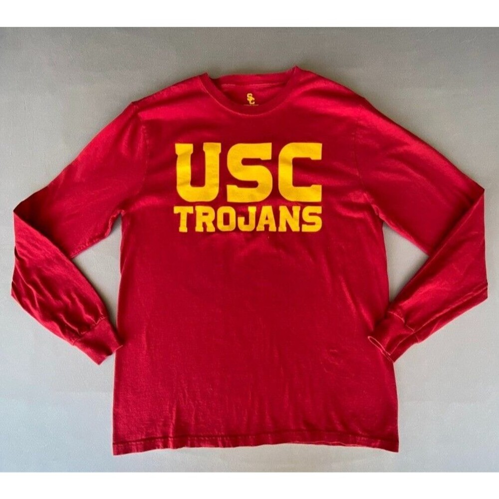 USC Trojans Long Sleeve T Shirt Men's Medium Red SC Graphic 100% Cotton NCAA